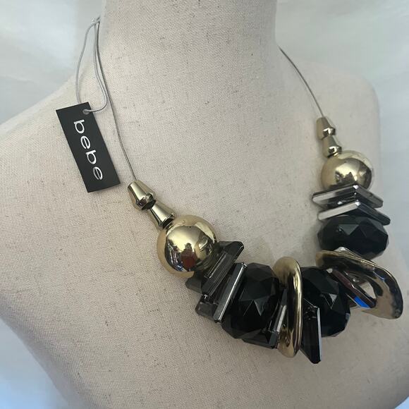 Bebe Chunky Statement 19" Necklace Black Gold Silver Geometric Wire chain New - Picture 5 of 11
